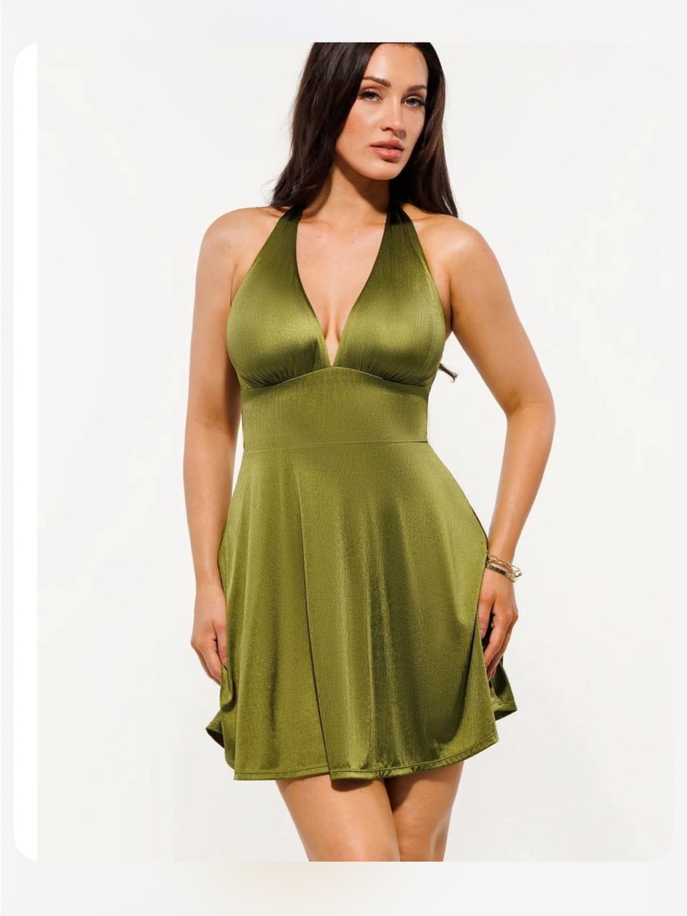 Nwt Popilush Olive Halter Skater Dress - Sleevelessw V-Neck